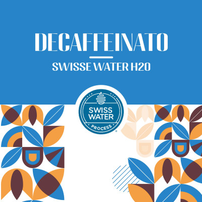 Confezione di caffè Arabica decaffeinato naturalmente con il metodo Swiss Water® H2O, senza sostanze chimiche.